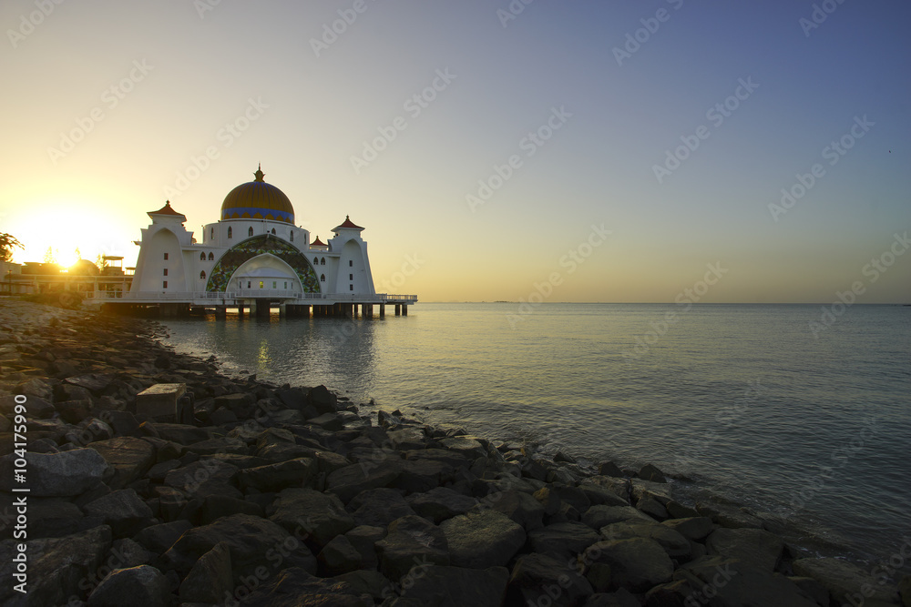 Majestic view of Malacca Straits Mosque during sunset 