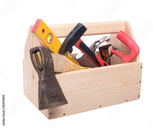 Wooden box with a carpenter's tool. Isolated.