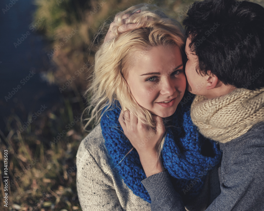 Fototapeta premium Lovers romantic couple in the picnic in the park near water