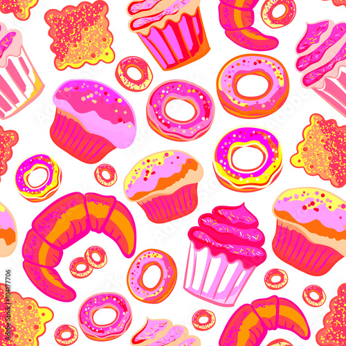 Vector food bakery seamless pattern with baked goods. Flour products from pastry shop. Illustration for print, web. Original design element
