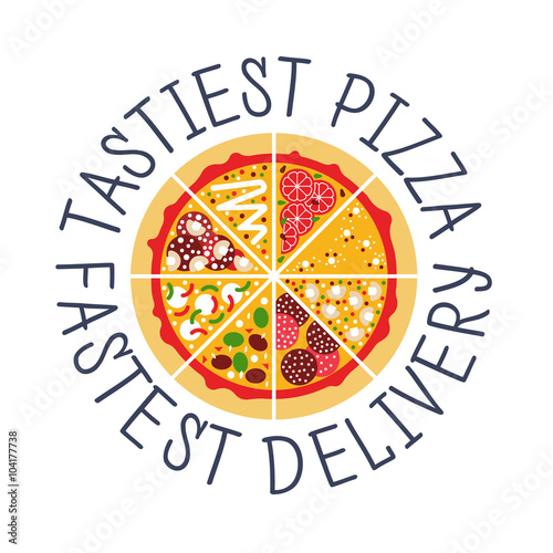 Fast food isolated vector flat. Pizza flat icon. Pizza ingredients and pizza slice. Pizza delivery.