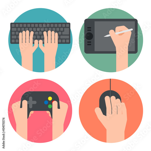 Hand with Computer Devices Icons. Vector illustration.