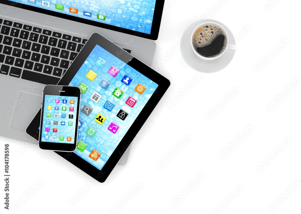 Laptop, phone, tablet pc and coffee. Laptop, phone, tablet pc and coffee.