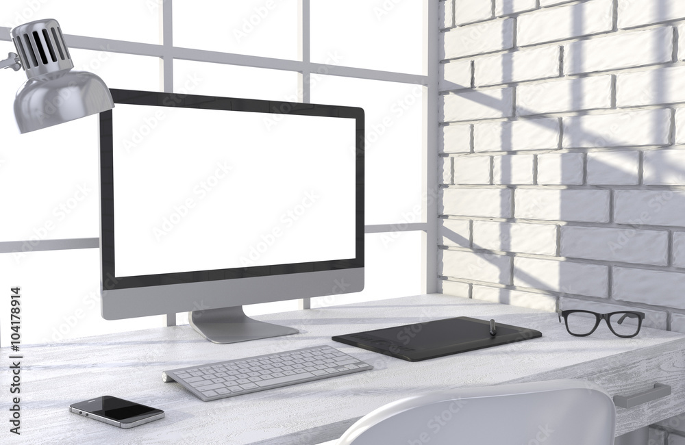 3D illustration PC screen on table in office, Workspace 3D illustration PC screen on table in office, Workspace