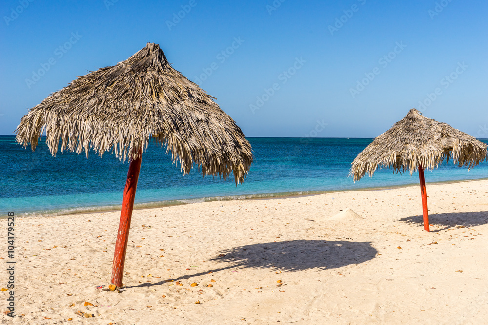 Two Sun Umbrellas at the Beach, Cuba, Caribbean
