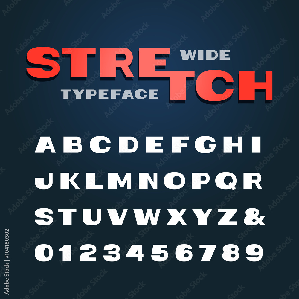 Wide font. Vector alphabet with stretch effect letters and numbe