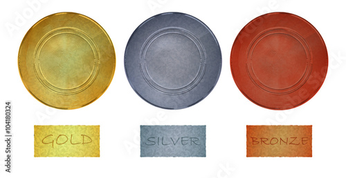 Blank vector vintage template for coins or medals with the old antique gold silver bronze metal texture and tablets with the inscription gold silver bronze