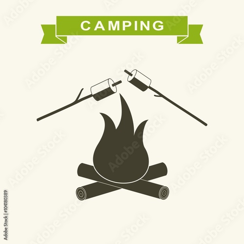 Bonfire with marshmallow Icon. Camping grill marshmallow flat. Marshmallow outdoor campfire night. Vector Illustration