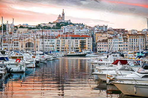 Beautiful sunrise in the harbor of Marseille, Provence, France