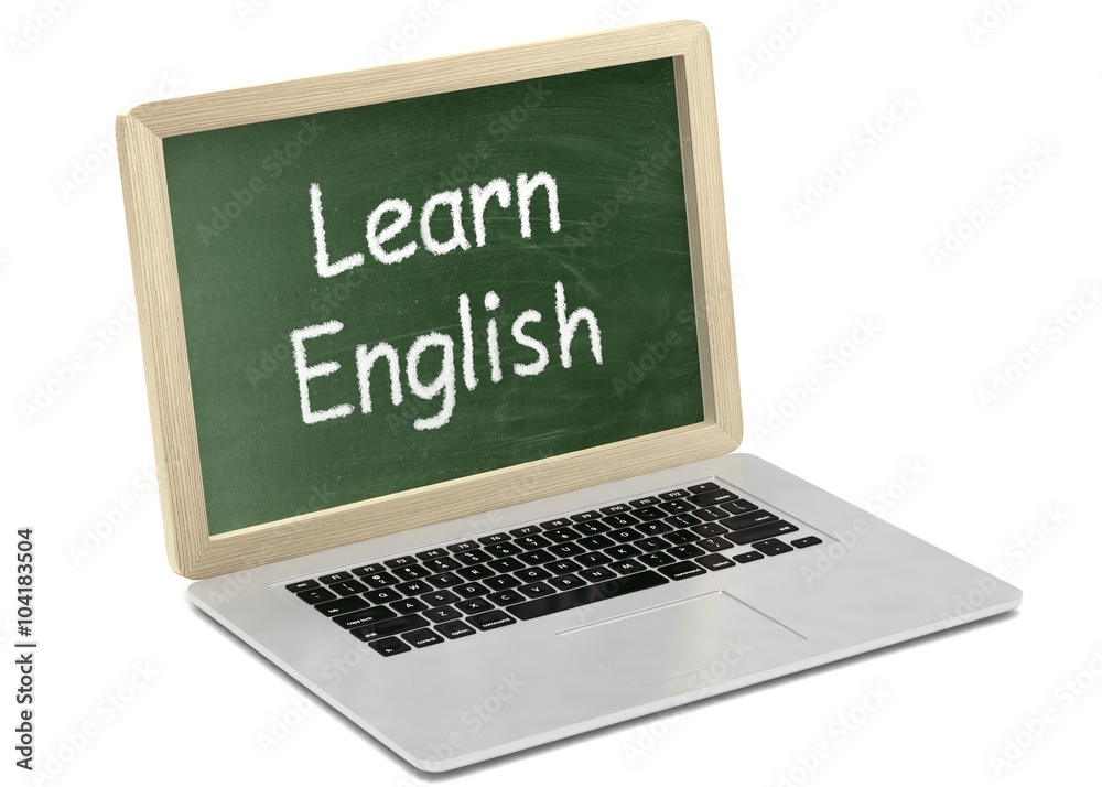 Laptop with chalkboard, learn english, online education concept Laptop with chalkboard, learn english, online education concept