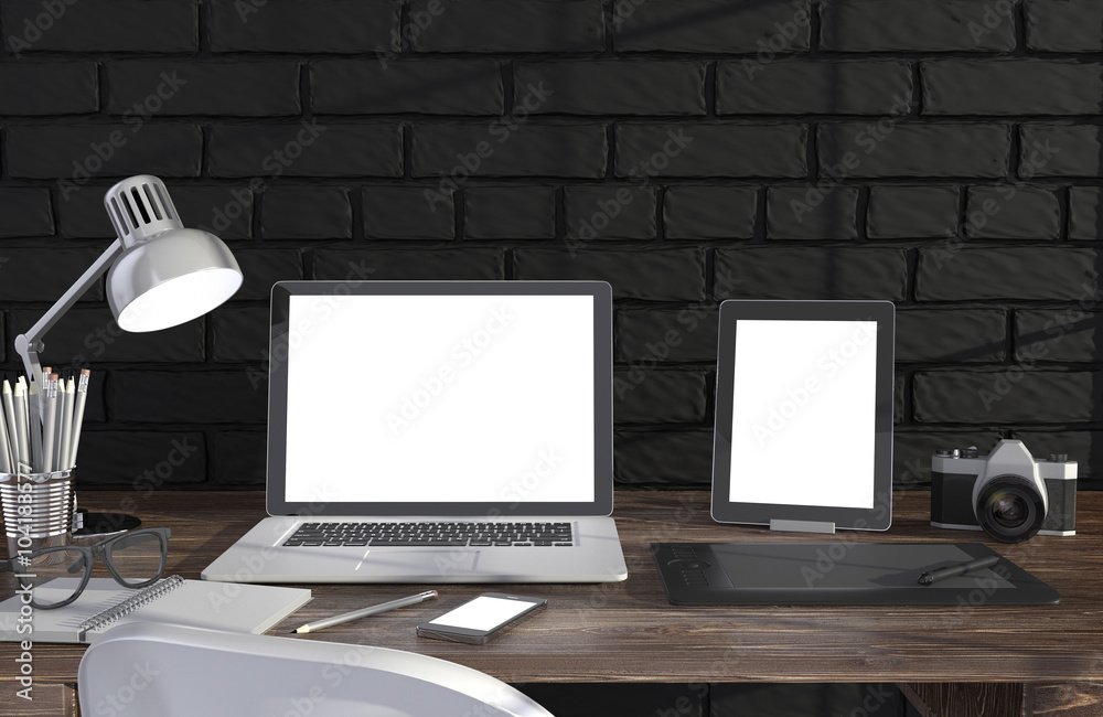 Fototapeta premium 3D illustration laptop and work stuff on table near brick wall, Workspace