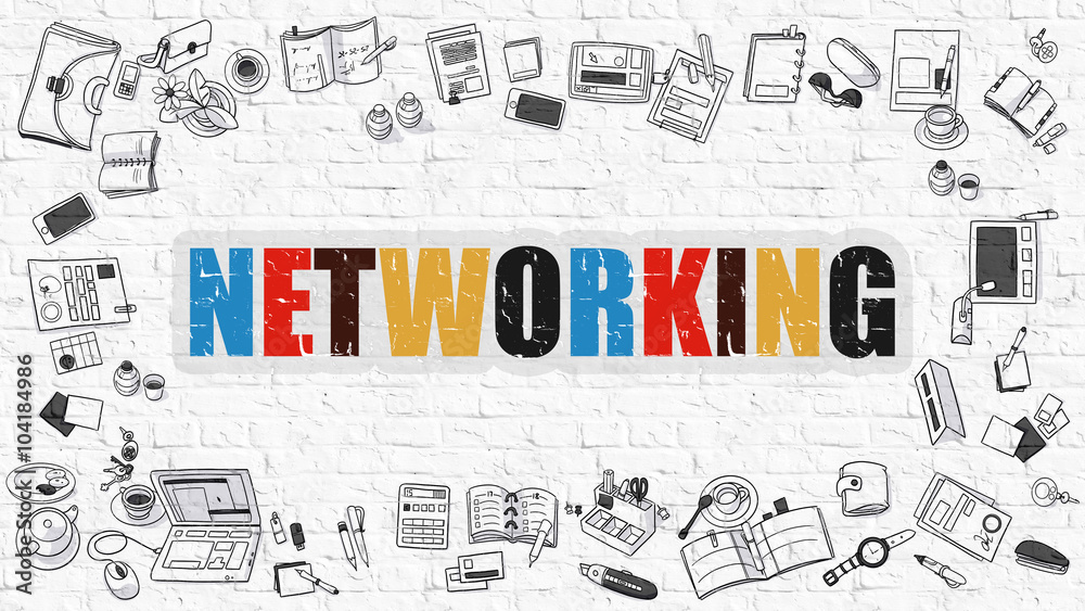 Networking. Multicolor Inscription on White Brick Wall with Doodle ...