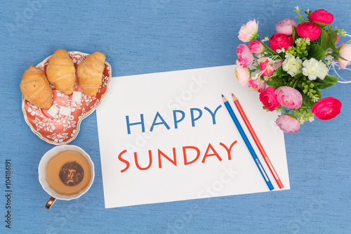Happy Sunday, croissants with green tea and flowers