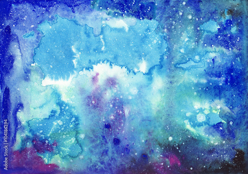 Original watercolor painting of abstract blue sparkling cosmic background. High resolution image.