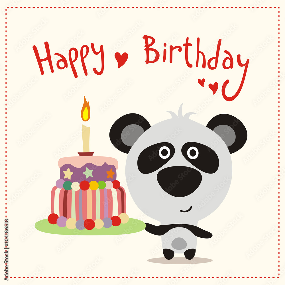 Poster Doodle panda cute cartoon happy birthday cake for decoration design.  Funny sweet vector bear with food icon. 