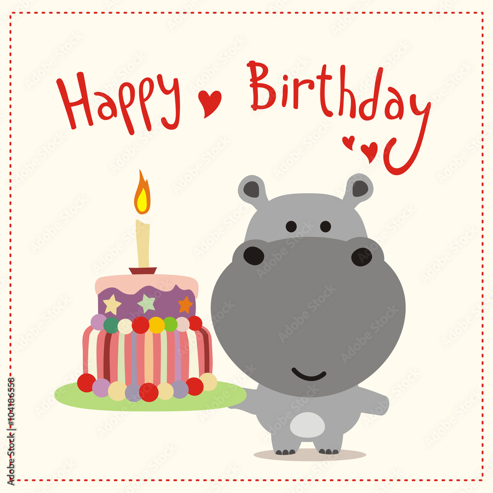 greeting card happy birthday cute little hippo with birthday cake greeting card happy birthday cute little hippo with birthday cake