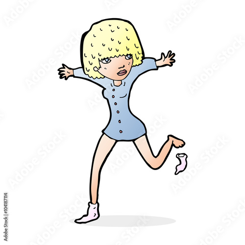cartoon woman kicking off sock