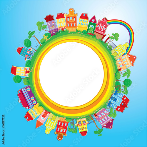 Abstract round banner with small fairy colorful town on light bl