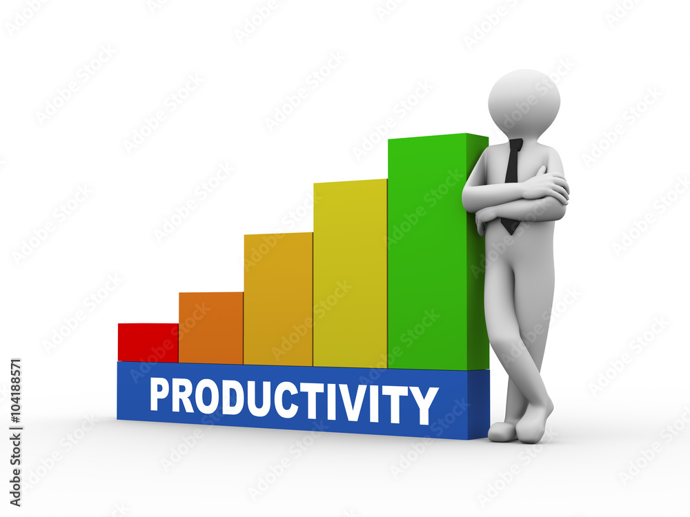 3d man with productivity growing business bars 3d man with productivity growing business bars
