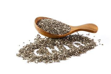 chia seeds in wooden spoon , Isolated on white background