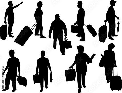 people with traveling bags bw