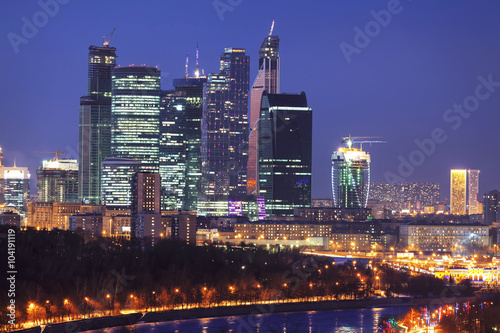 New skyscrapers business center in Moscow at night, Russia