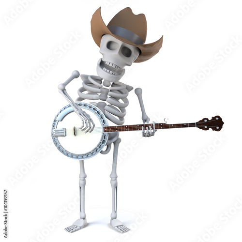 3d Cowboy skeleton plays a banjo ukulele photo