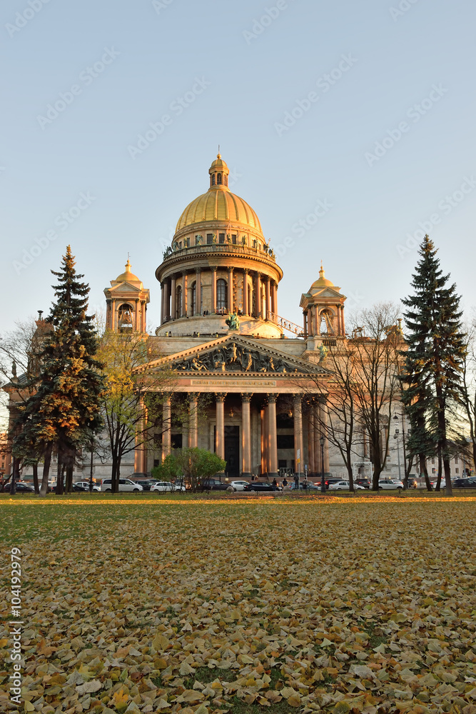 St. Isaac's Cathedral in autumn, yellow leaves