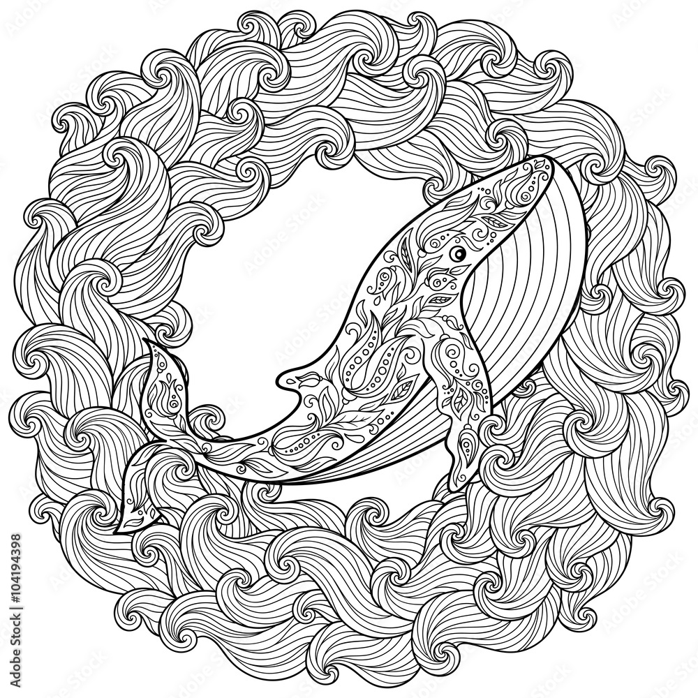 Fototapeta premium Hand drawn whale in the waves for antistress Coloring Page