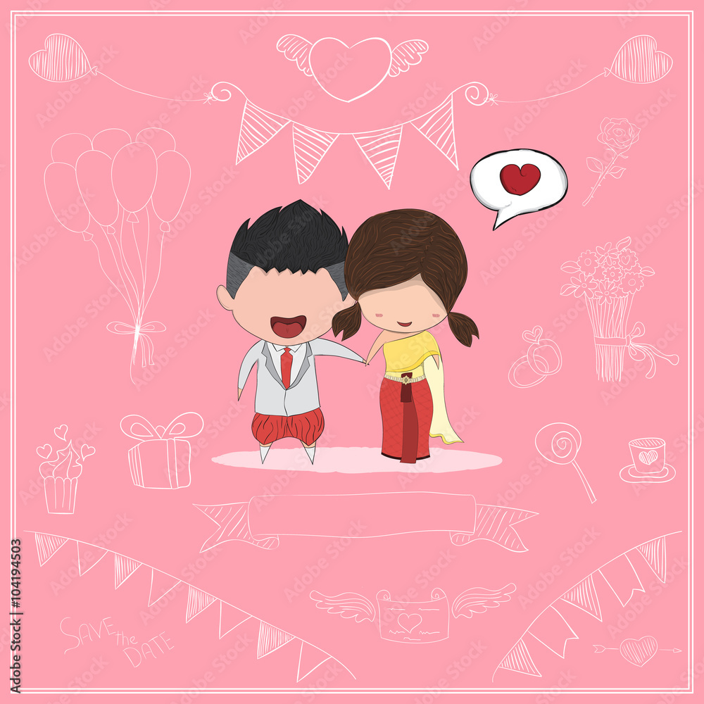 Cute cartoon Wedding couple men and women card style thai dress, Cute cartoon Wedding couple men and women card style thai dress,
