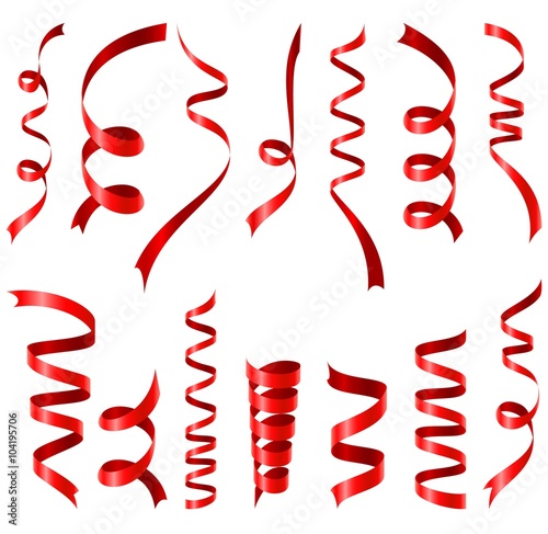 Shiny red ribbons set on white background