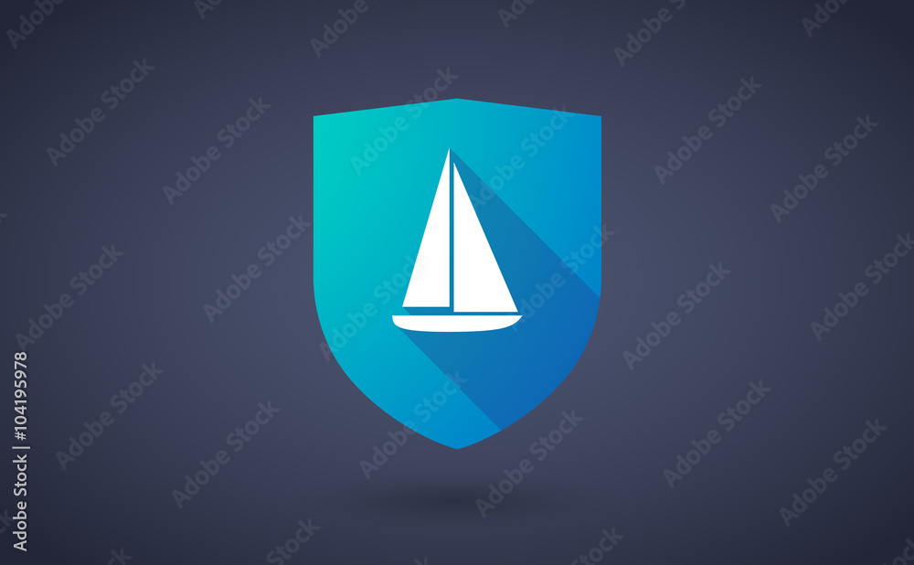 Long shadow shield icon with a ship Long shadow shield icon with a ship