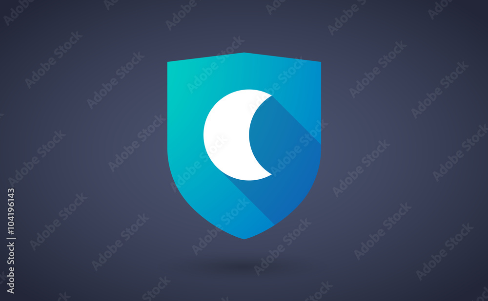 Long shadow shield icon with a moon Long shadow shield icon with a moon