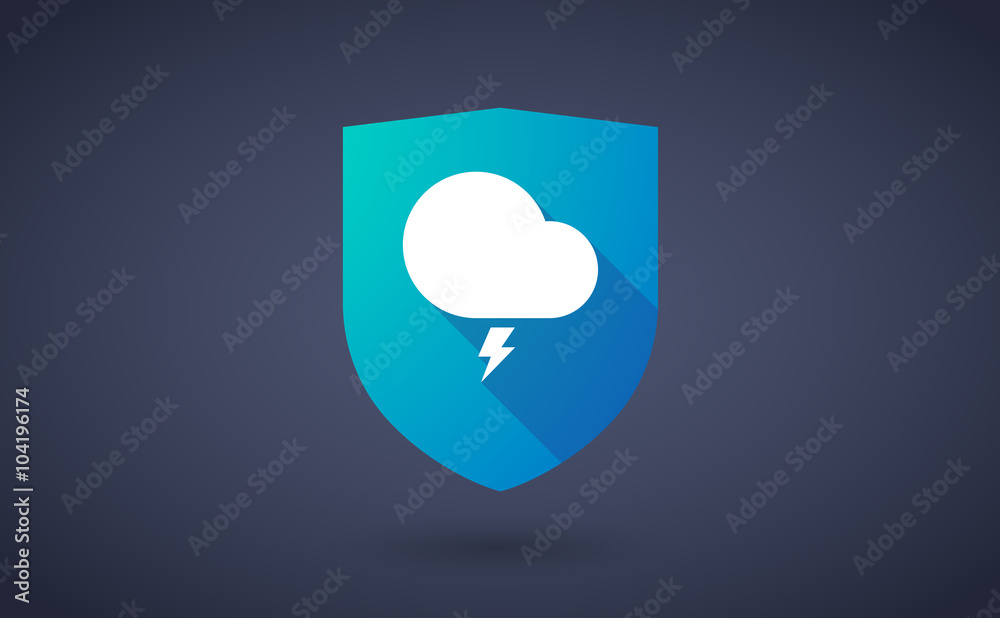 Long shadow shield icon with a stormy cloud Long shadow shield icon with a stormy cloud
