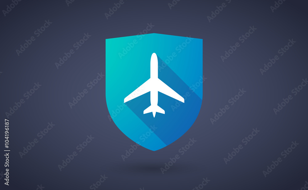 Long shadow shield icon with a plane Long shadow shield icon with a plane