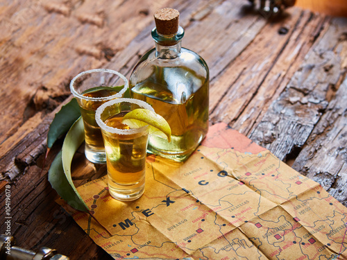 Tequila shot with lime and sea salt  photo