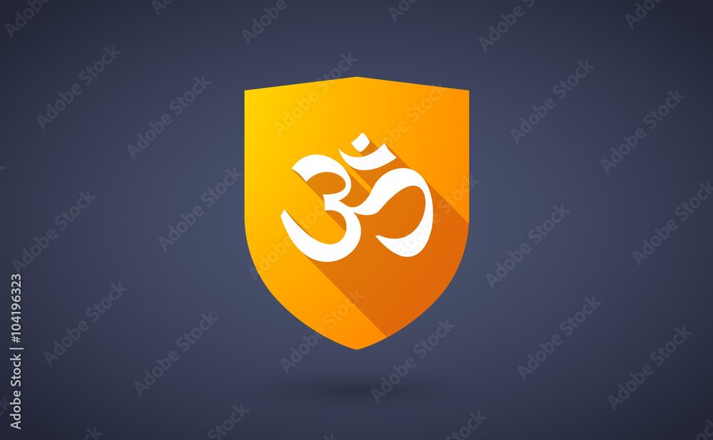 Long shadow shield icon with an om sign Long shadow shield icon with an om sign