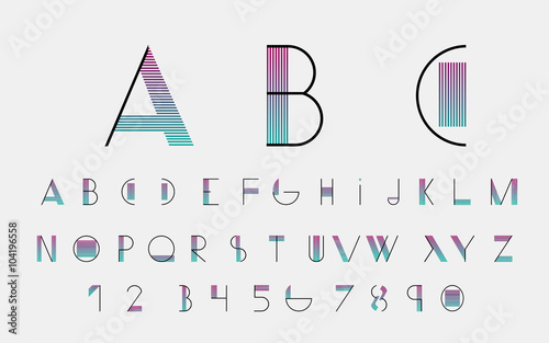Black alphabetic fonts and numbers with color lines. Vector illustration.