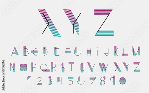 Black alphabetic fonts and numbers with color lines. Vector illustration.