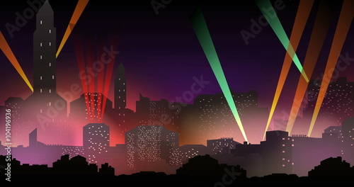 An Animated City at Night Pan Showing Tall Buildings and Spotlights