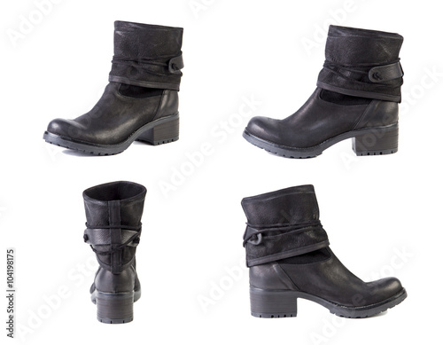 A collage of women's shoes, boots on a white background, shoes from different angles