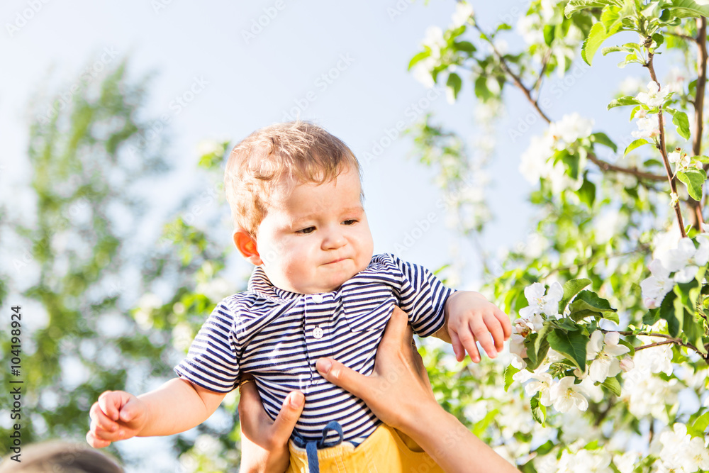 happy loving family with baby son in blooming spring garden. Mother holding baby. Spending time together outdoor. Mothers day holiday concept happy loving family with baby son in blooming spring garden. Mother holding baby. Spending time together outdoor. Mothers day holiday concept