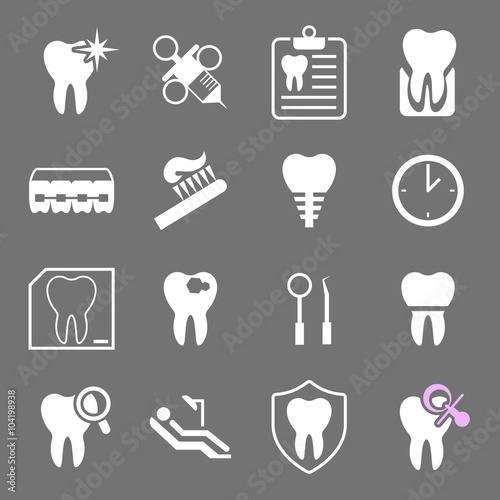 Set of white flat dental icons. Types of dental clinic services, equipment for dental care, dental treatment and prosthetics. Сhildren's dentistry. Vector illustration 