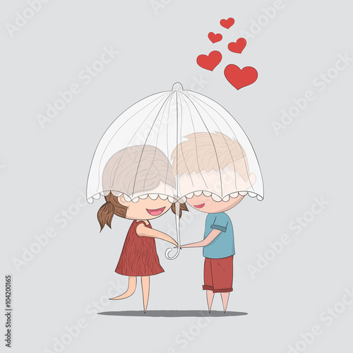 Cute cartoon doodle lovers a boy and a girl under umbrella.cute Valentine s Day card  drawing by hand vector and digital illustration created without reference image.