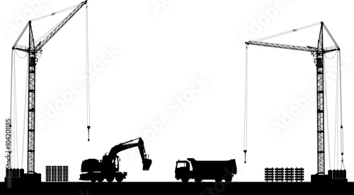 Building site with detailed silhouettes of construction machines on white background. Vector illustration