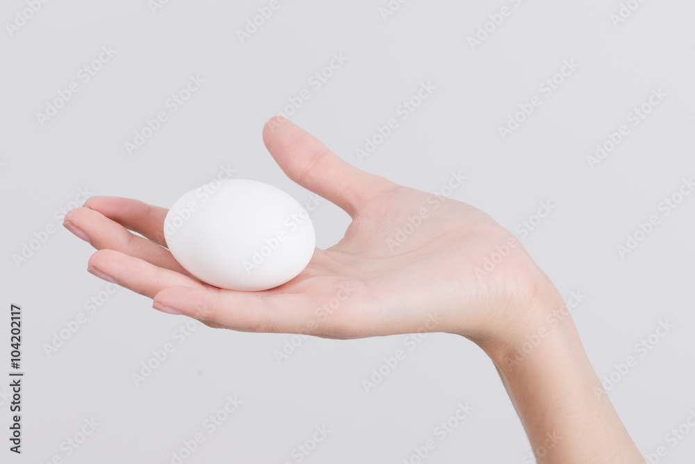 Woman hand holding White egg, isolated on white background Woman hand holding White egg, isolated on white background