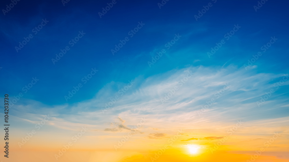 Beautiful Natural Sunset Sunrise. Panoramic Background. Blue, ye