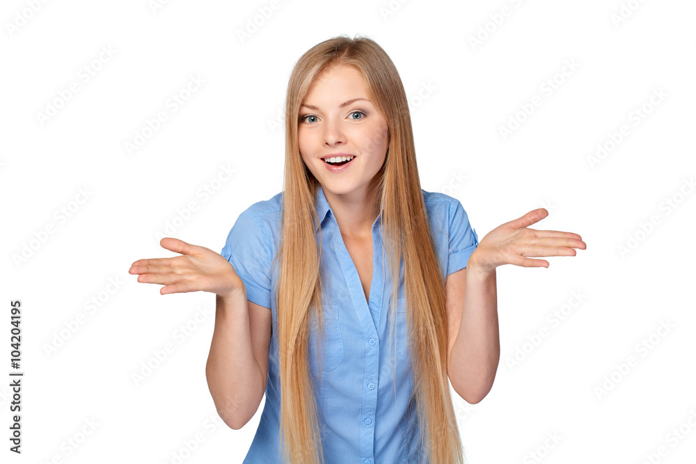 Woman shrugging her shoulders in surprise Woman shrugging her shoulders in surprise