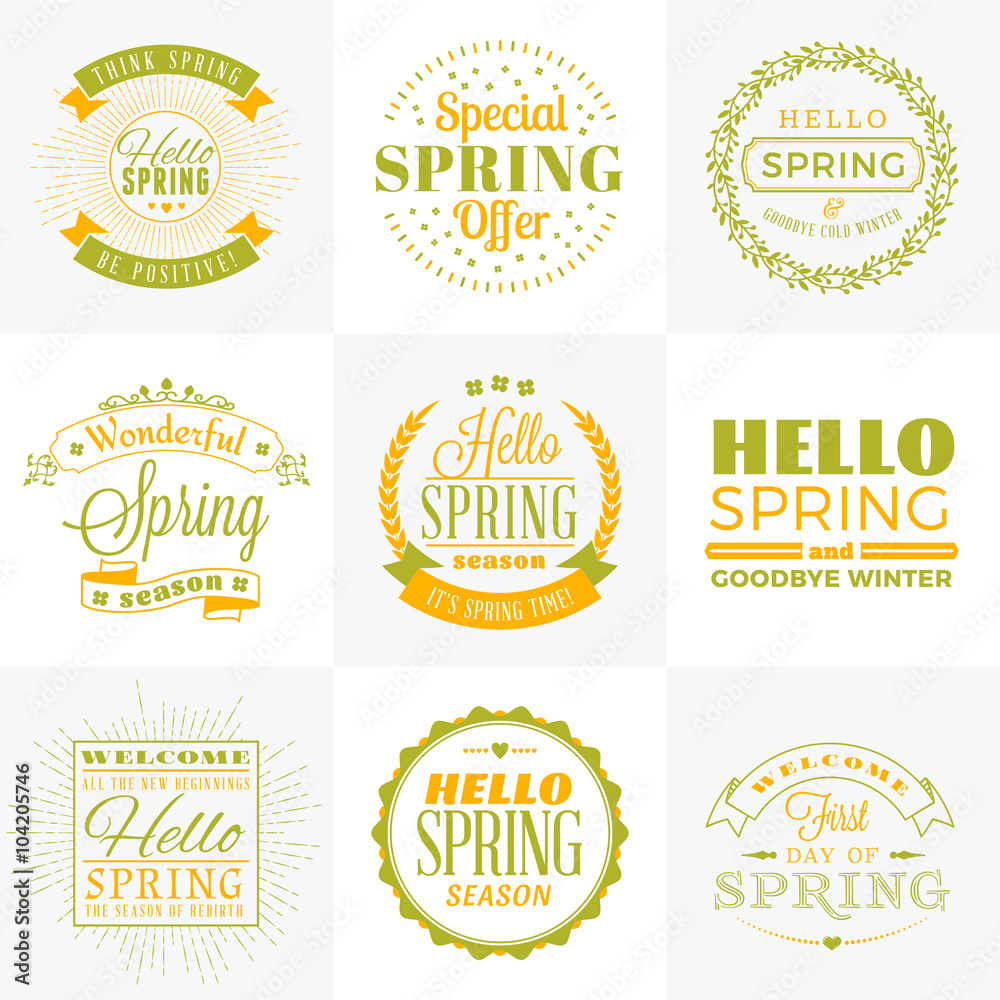 Set of Spring Vintage Typographic Badges. Vector Illustration. Hello Spring. Greeting Card Design