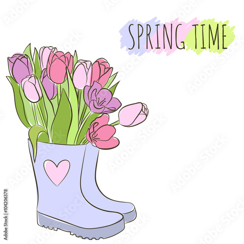Fototapeta Naklejka Na Ścianę i Meble -  Beautiful tulips in rubber boots. Vector illustration for spring holidays.